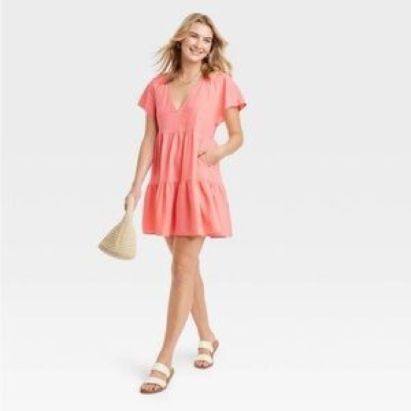 Universal Thread coral pink Women's Flutter Short Sleeve Mini Skater Dress - Picture 3 of 6